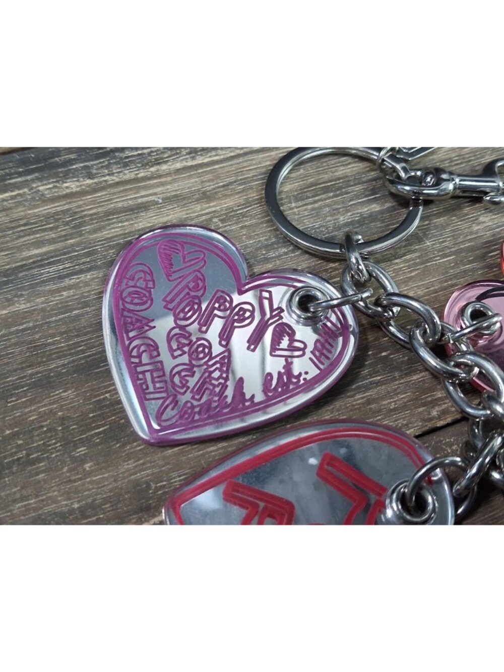 Coach Poppy Keychain Bag Tag Charm Heart Pink Red Outline Logo Mirrored - Picture 3 of 13
